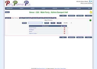 Specify meal choices for each venue.